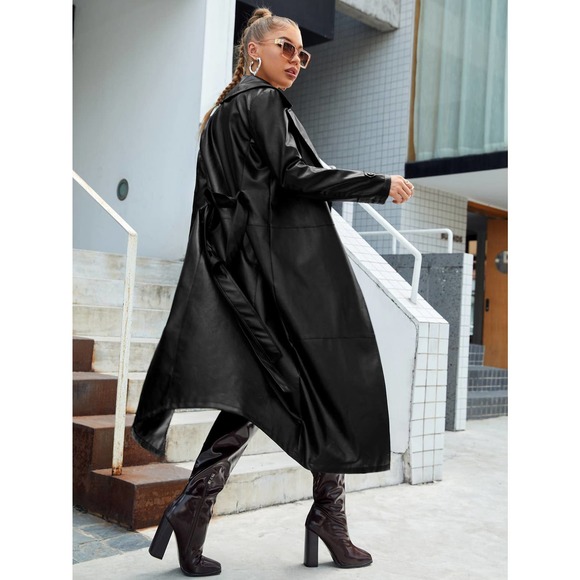 Belted Vegan Leather Longline Trench Coat black - Picture 2 of 5